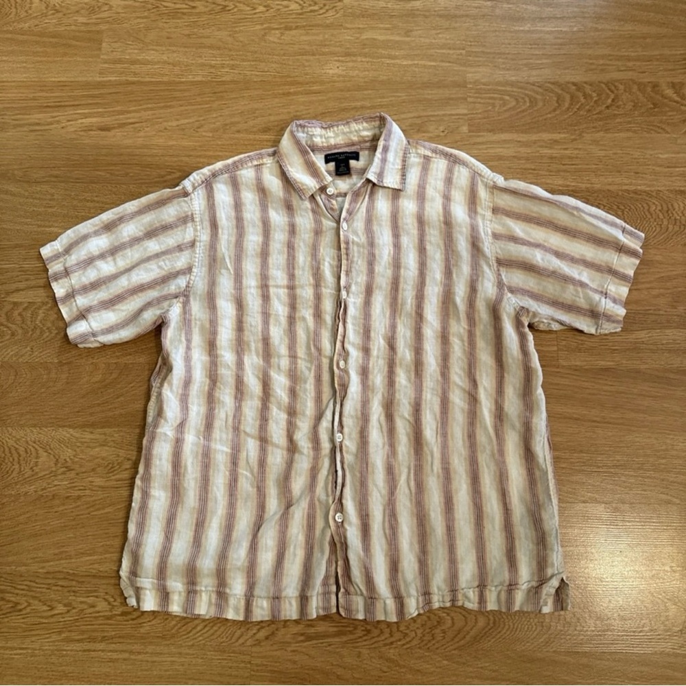 Banana Republic Shirt Men's Large 100% Linen Multicolor Striped Short Sleeve